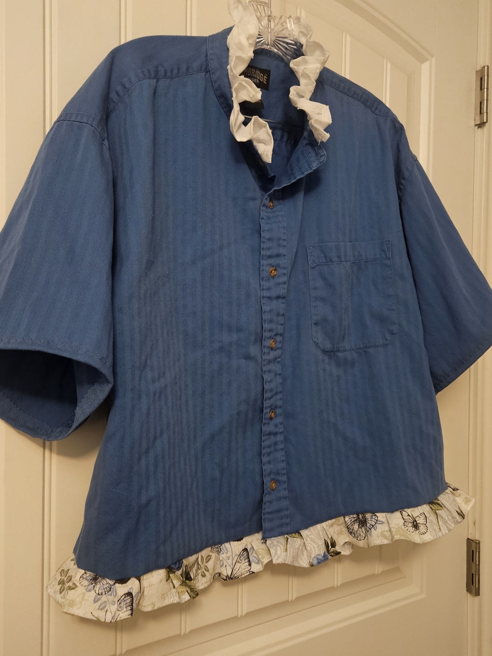 Upcycled Blue Button-Front Shirt with Butterfly Floral Ruffle Hem